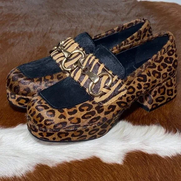 JEFFREY CAMPBELL Student Loafers Calf Hair Platform Leopard Cheetah Shoes 7.5 - Picture 2 of 10